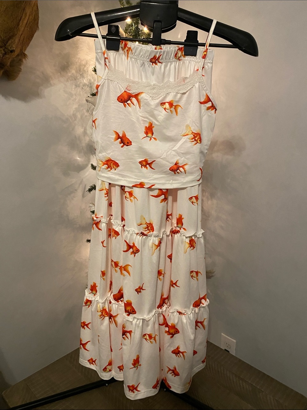 SHEIN White Maxi Dress with Orange Goldfish Print